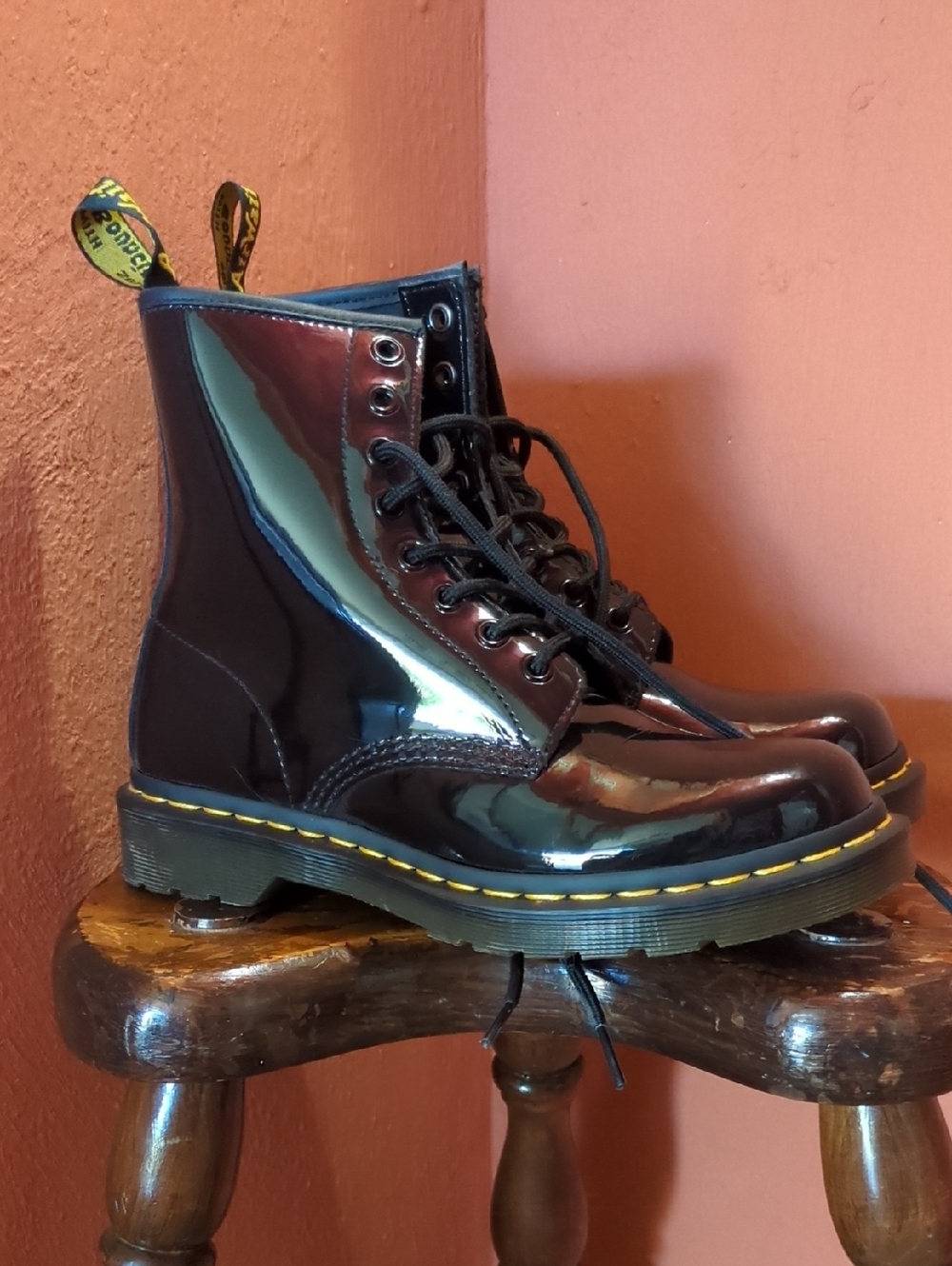 Dr. Martens Black Patent Boots with Yellow Stitching